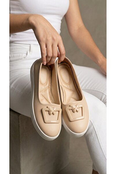 Beyond Balerini din piele bej moderni cu cataramă pentru femei BYNDBYZ01