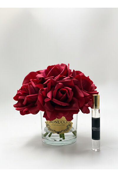 Bonucci 7'li Gold Cam Vazolu Gül Aranjmanı Salon Masa Üstü Dekor - Kırmızı