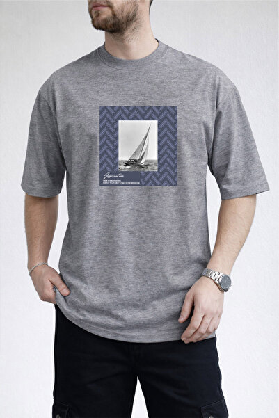 caddekombin Men's Modern Graphic Sailing Crew Neck Gray T-Shirt