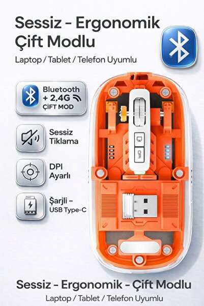 Zineets Bleutooth Ultra Slim Usb 2.4ghz Siyah Ledli 800/1200/1600dpi Şarjlı K...