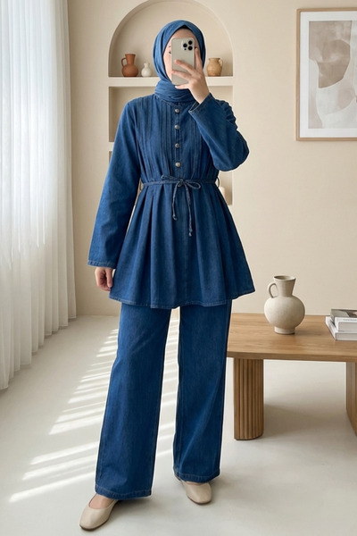 Modamorfo Half-Buttoned, Pleated Front, Tie-Waist Denim Suit with Pants - Indigo