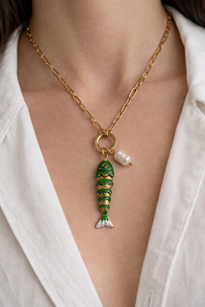 Modex قلادة من الفولاذ المقاوم للصدأ بتفاصيل لؤلؤية على شكل هيكل السمكة (46 سم)