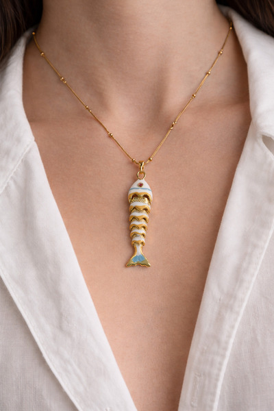 Modex Steel Ball Chain Enameled Fish Bone Necklace (45cm)