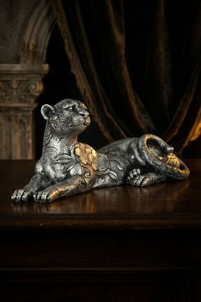 Rugad Biblo Dekoratif Heykel Leopar Biblosu Gümüş Eskitme Renk Model 38