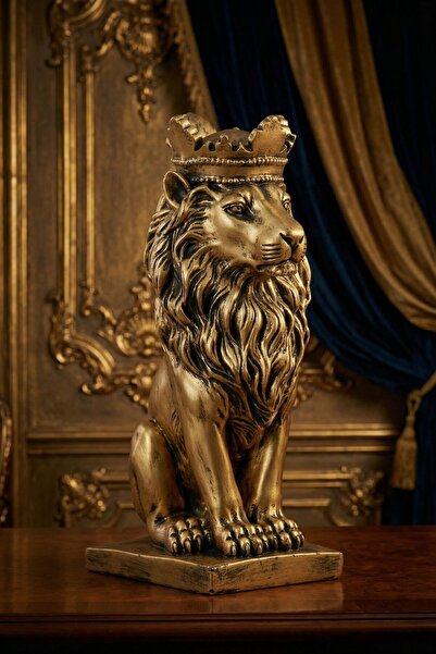 Rugad Biblo Dekoratif Heykel Taçlı Aslan Biblosu Altın Eskitme Model 34