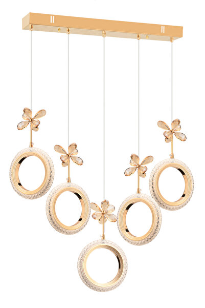 İstanbul Avize Halka 5'li Sıralı Gold Kumandalı 3 Renk Ledli Lüx Modern Led A...