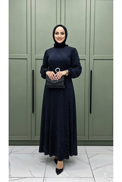 Genel Markalar SULTAN ABİYE Simli ve Taşlı Kumaş Kadın Lacivert Kemer Detaylı...