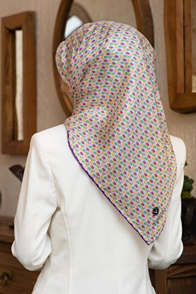 Vissona Tivil İpek Eşarp 60992 - 13 - 0023 Krem Mor Kırçıllı Desen