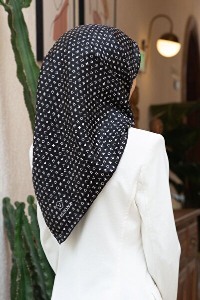 Vissona %100 Twill İpek Çıtır Motif Desenli Siyah - Krem Renkli 90x90 Eşarp D...