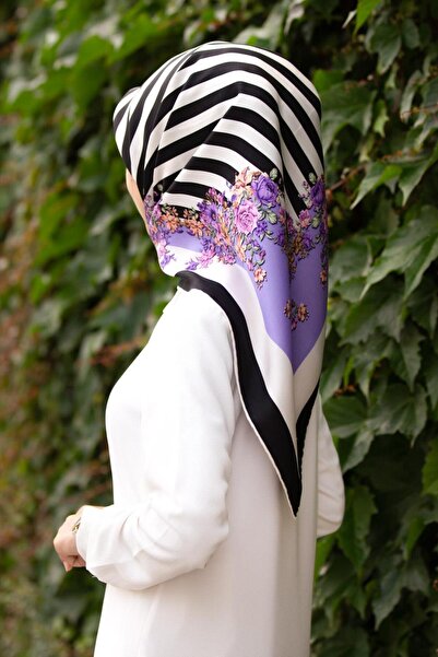 Vissona %100 Twill İpek Çıtır Çiçekli Ve Çizgi Desenli Siyah - Lila Renkli 90...