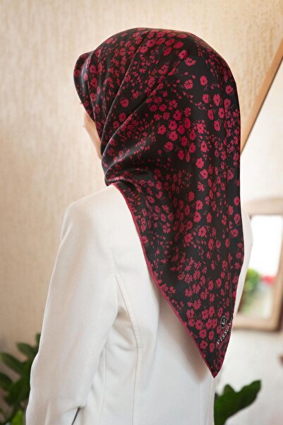 Vissona 100% mătase twill cu model floral crocant, culoare negru - burgundă, ...