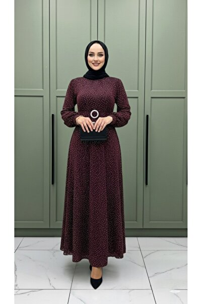 Genel Markalar SULTAN ABİYE Simli ve Taşlı Kumaş Kadın Bordo Kemer Detaylı Dü...