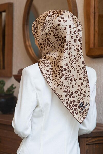 Vissona 100% حرير متماسك بنمط زهور مقرمشة باللون البيج - البني وشاح بمقاس 90x...