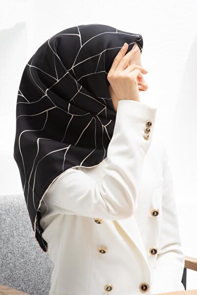 Vissona %100 Twill İpek Çizgi Desenli Siyah Krem Renkli 90x90 Eşarp Dikim Şek...