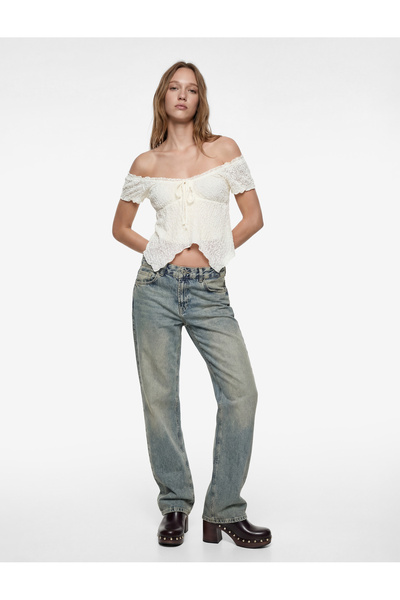 Koton Bluză din dantelă cu mânecă scurtă, decolteu în U asimetric și detaliu ...