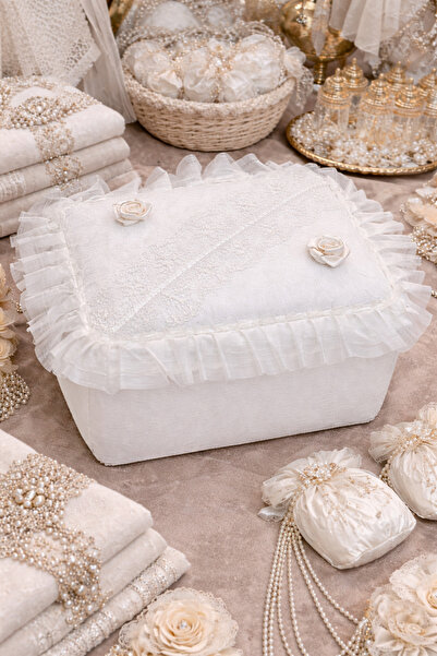 DİLEX Hurç Çeyizlik Bohça Gelin Bohçası Damat Bohçası Iğne Oyalı Ekru