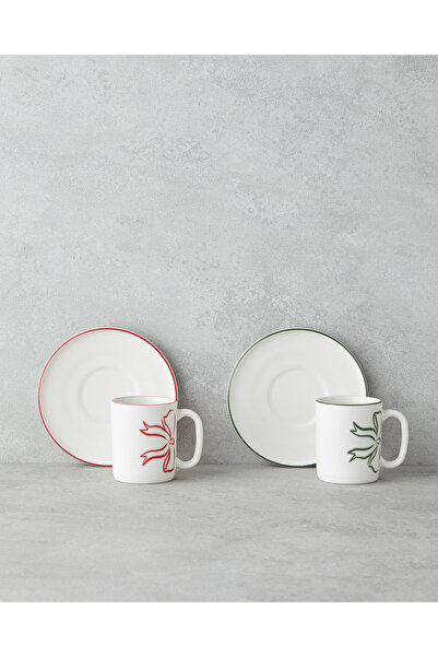 English Home طقم فناجين قهوة بورسلين 4 قطع لشخصين من بوزي بون 90 مل أحمر - أخضر