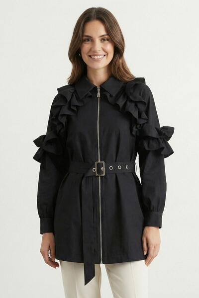 Soul Women's Front Zipper Trench with Flywheel Detail - 32456Trc - Black