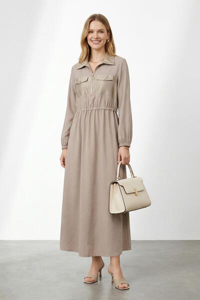 Puane Women's Shirt Collar Zippered Waist Gathered Long Dress – 12670Elb - Mink