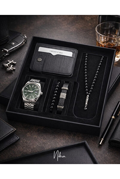 Nikra Saat Erkek Gümüş Renk Yeşil Kadranlı Saat Cüzdan Bileklik Tesbih Hediye...