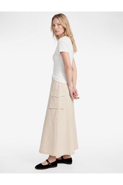 Koton Cotton Cargo Pocketed, Tie-Waist, Flared Poplin Skirt