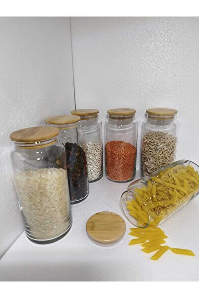 ÖZ HOME برطمان زجاجي بغطاء من الخيزران مفرغ الهواء، 6 برطمانات للبقوليات سعة ...