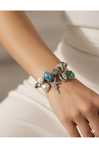 Generic Brand Bracelet with Charml - Silver Color 3184 Steel Shell Blue Sea