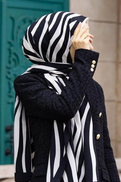 Genel Markalar Kadın Lüks Medine Ipeği Şal Siyah - Beyaz