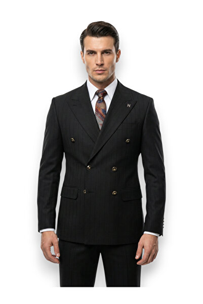 HERMOSE Prestige |   Onyx Black Striped Double Breasted Suit with Metal Buttons