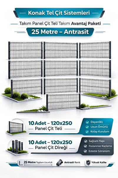 Konak Tel Çit Aksaray 10 Adet Takım Bahçe Panel Çim Çiti Teli 120x250 cm 55X1...