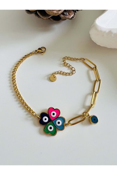 ACAR TAKI Colorful Minelli Steel Clover Bracelet 16+5 Cm-Gold Acr4975