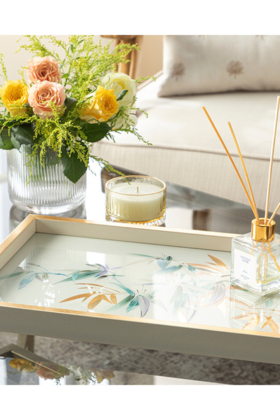 English Home Bamboo Cam Dekoratif Tepsi Krem-Altın