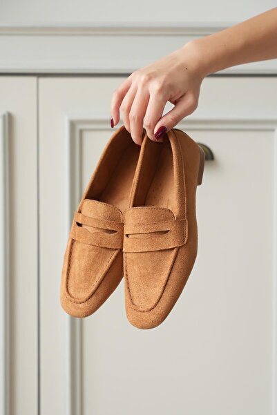 MODAADAM Balerini Olbin cu talpă plată pentru femei - piele intoarsa maronie