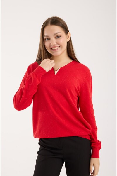 Moda Days Pulover de damă gri cu decolteu în V, cu detalii metalice, cu mânec...