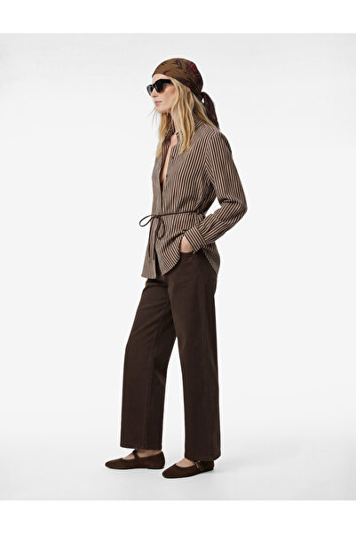 Koton Viscose Long Sleeve Striped Shirt with Tie-Waist Belt