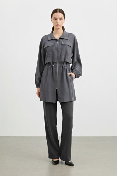 Puane Zippered Mock Neck Women's Jacket with Gathered Waist-15260 - Antracite