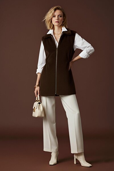 Puane Women's Elastic Waist Plush Vest -15239Ylk - Brown