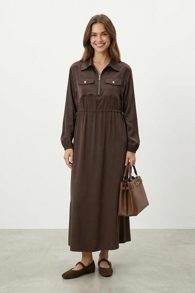 Puane Women's Shirt Collar Zippered Waist Gathered Long Dress – 12670Elb - Brown