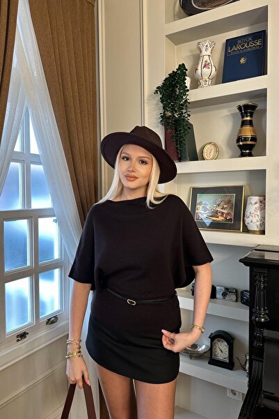 lizge giyim Boat Neck Bat Sleeve Belted Knitwear Sweater