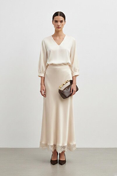 Loreen Дълга пола с сатенени дантелени детайли - 20729 - БЕЖЕ