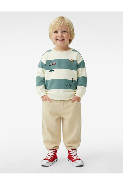 Koton Дългоръкавна, с велосипедна яка, бродирана, памучна, раирана суитшърт