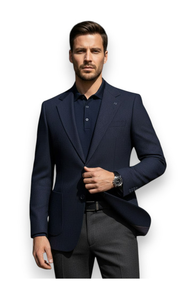 HERMOSE سترة عصرية ذات ملمس مميز باللون الأزرق الداكن