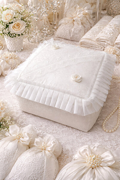 DİLEX Hurç Çeyizlik Bohça Gelin Bohçası Damat Bohçası Iğne Oyalı Ekru