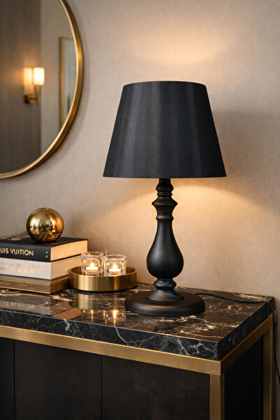 Taşcan Aydınlatma Asyo Siyah Ayaklı Abajur Masa Lambası Siyah Şapka Salon Yat...