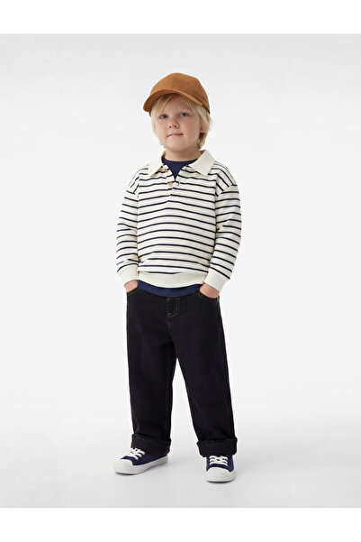 Koton Uzun Kollu Pamuklu Düğme Detaylı Çizgili Polo Yaka Sweatshirt