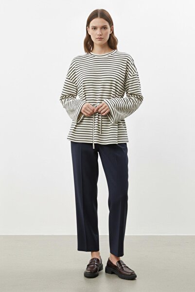 Soul Women's Long Sleeve Striped Waist-Tied Relaxed Fit Tunic-32484Tun - Navy