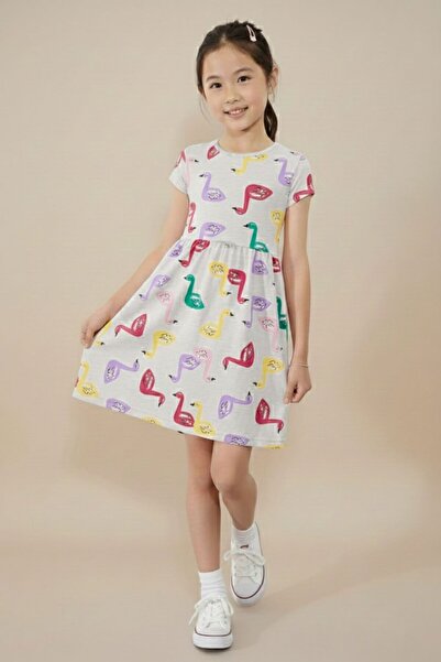 Cansın Mini Γκρι Swan Print Καλοκαιρινό Φόρεμα για Κορίτσι - Κοντό μανίκι