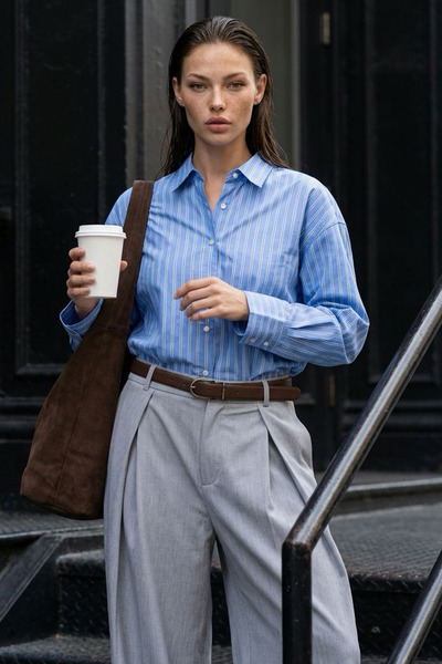 Madmext Mavi Çizgili Regular Kesim Kadın Gömlek MG2610