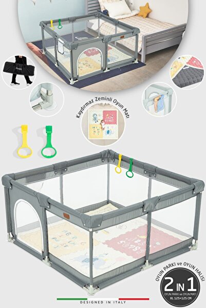 Elele Parma 2in1 Oyun Parkı Oyun Alanı ve Oyun Matı Halısı 125x125 cm Koyu Gri