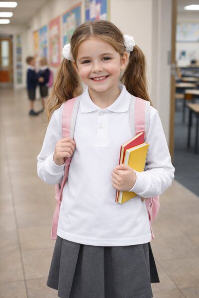 Cansın Mini Beyaz Uzun Kol Polo Yaka Basic Kız Çocuk Okul Tişört 19456